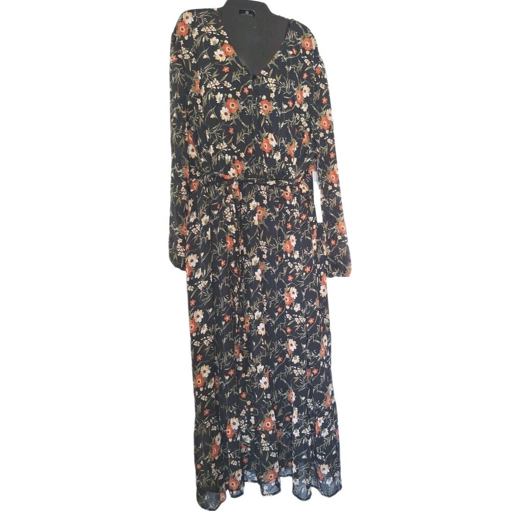 Nine Britton Stitch Fix Maxi Dress Size XXL Black Floral Print Belted Chiffon - Picture 2 of 9